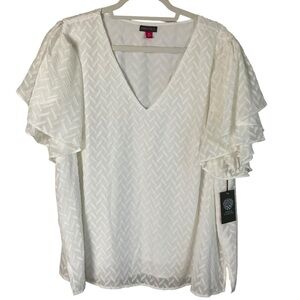 Vince Camuto White V-neck Ruffled Flutter Sleeve Blouse